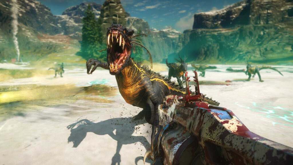 Gun aiming at mutated dinosaur in Second Extinction