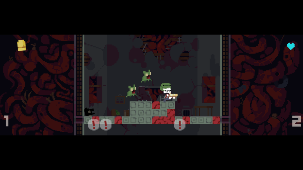 Gutwhale image of two evil frogs jumping towards the player character who is holding a shotgun.