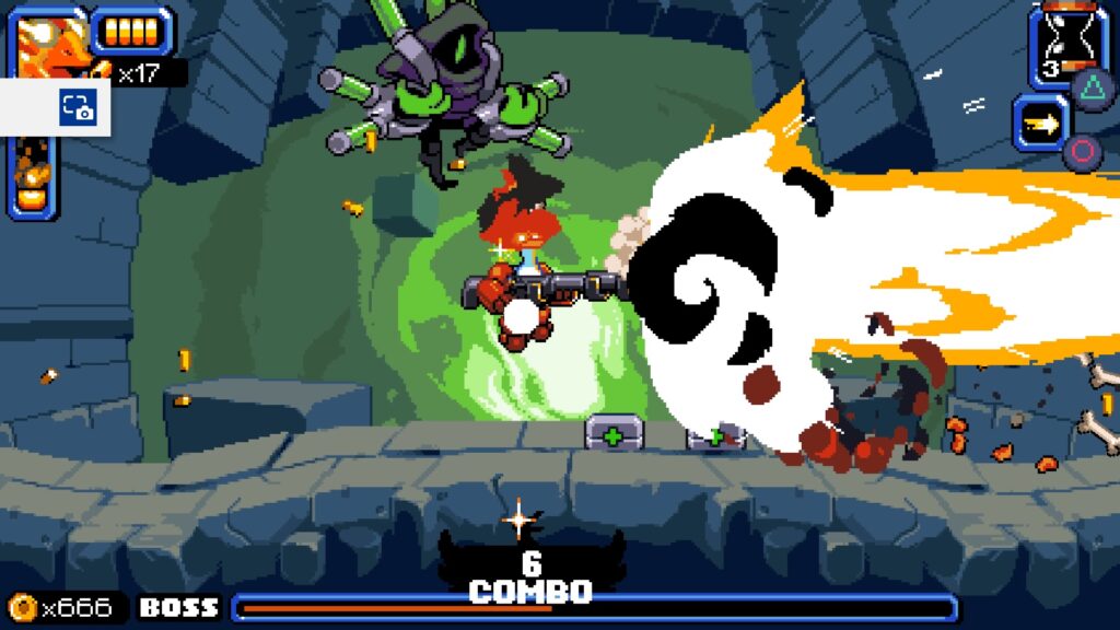 Mighty Goose firing a massive shotgun shot with two health kits on the ground.
