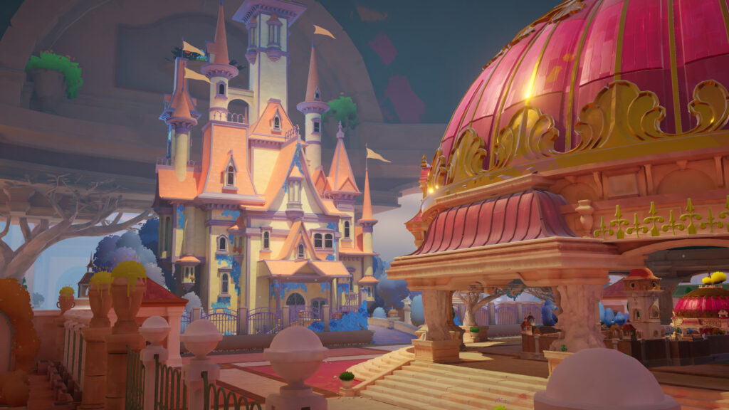 Game screenshot showing a giant castle in the background that resembles a Disney castle.