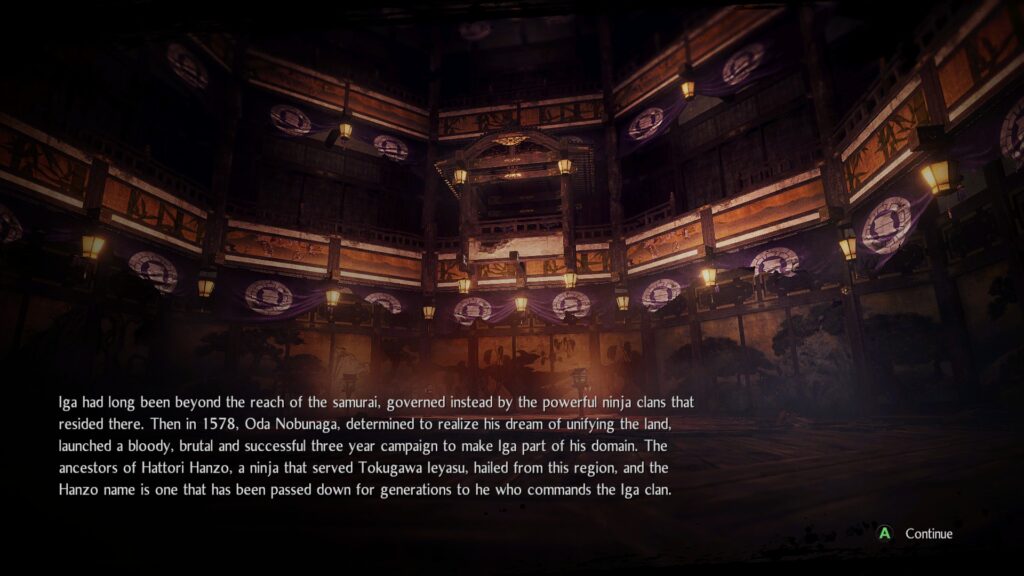 A loading screen between levels in Nioh 2 - The Complete Edition, it has Japanese historical information written on it