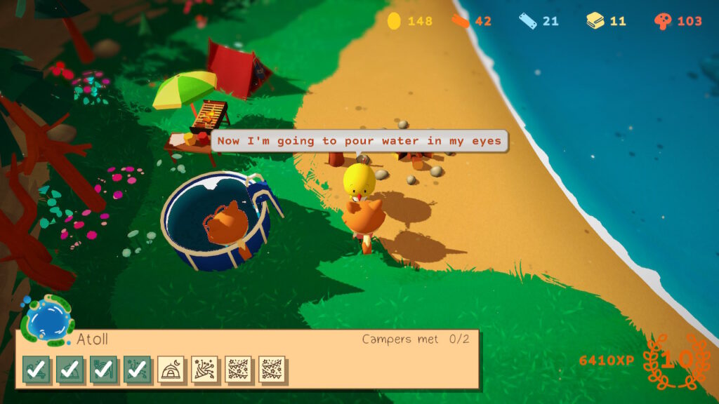 Flint is speaking to a fox visitor on the beach. He says "Now I'm going to pour water in my eyes."