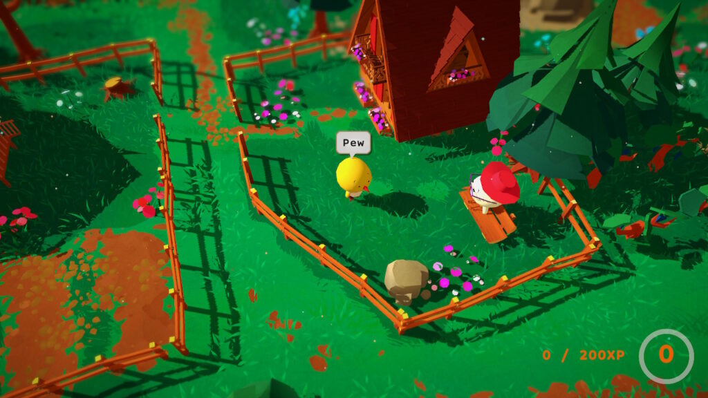 The player character Flint, a yellow chick, says "pew" in a garden. His grandmother is sitting on a bench nearby.