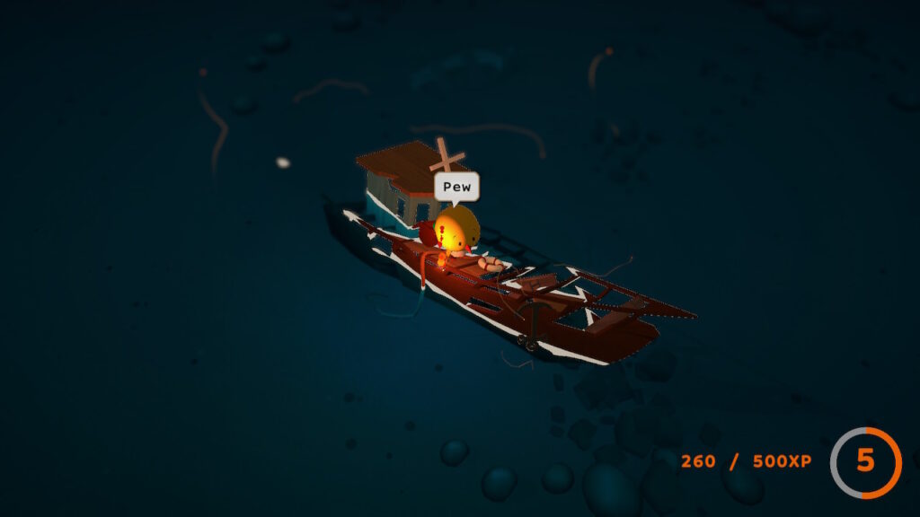Flint stands on a half-sunk ship in a bay and says "pew".