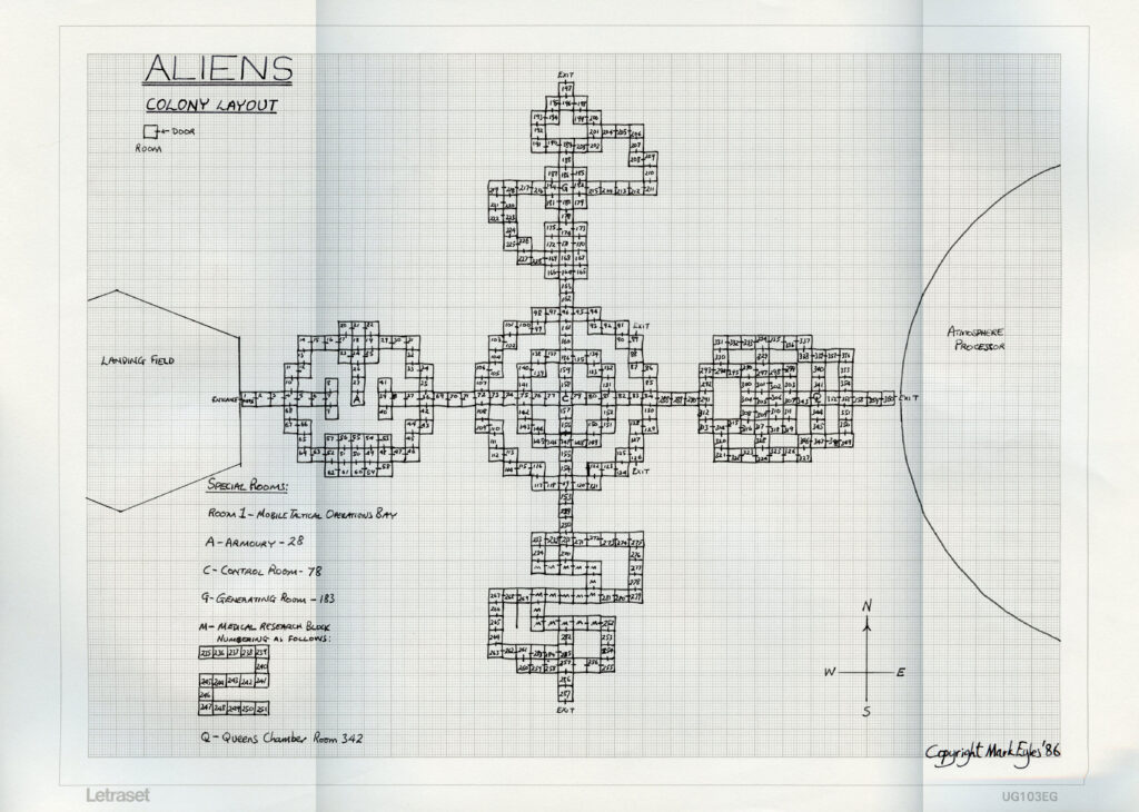 A large gridded sheet of sketch paper shows the site plan of a video game map.