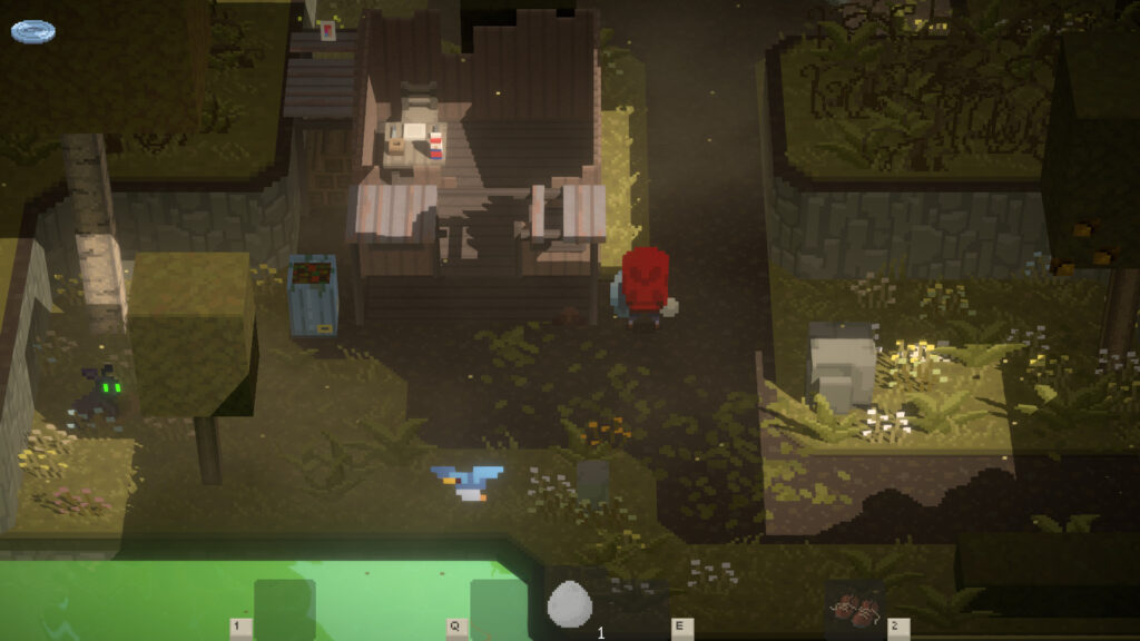A forest environment with an abandoned cabin. 