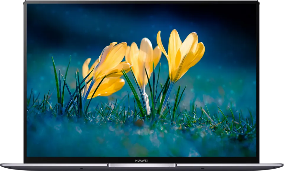 A Huawei MateBook X Pro 2021 with yellow flowers on the screen