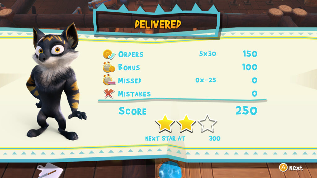 The final score from a level, showing how many orders were delivered, missed and any mistakes that happened.