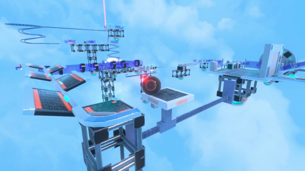 Several platforms and tunnels with the orbibot in the middle of the screen resting on a platform