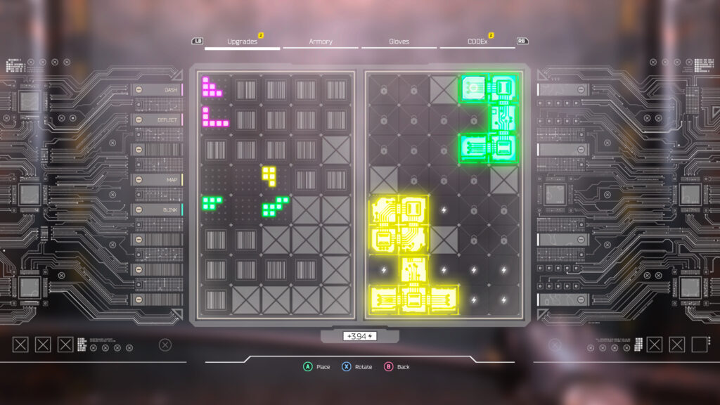 Shapes similar to Tetris pieces are placed on a grid to provide passive bonuses to your character.