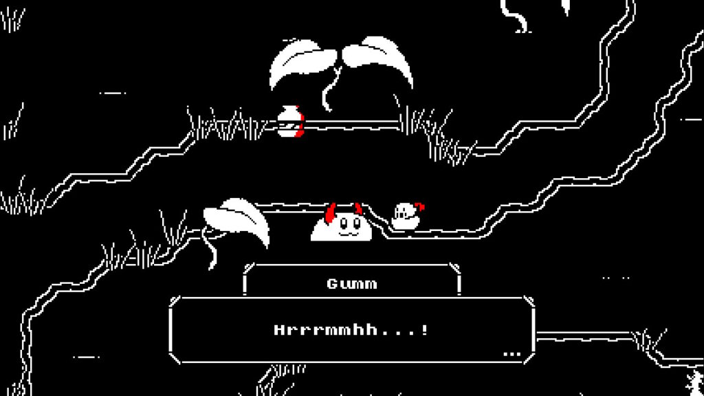 Blob with devil horns looking at the knight saying "hrrrmmhh"