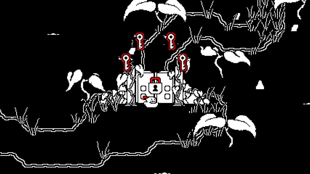 The knight approaches a locked door with four glowing red keys hovering above him.