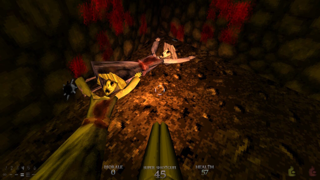 Super shotgun pointed at two deceased scarecrows