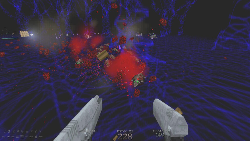 two pistols firing at rats. There is blood and guts everywhere