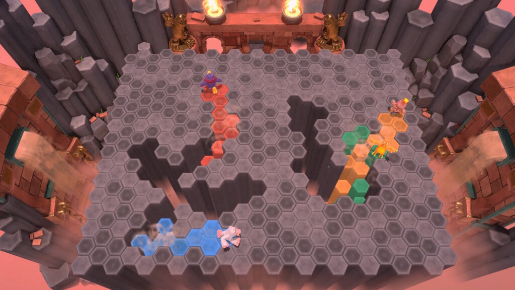 Four monsters are wandering around a grid of falling tiles
