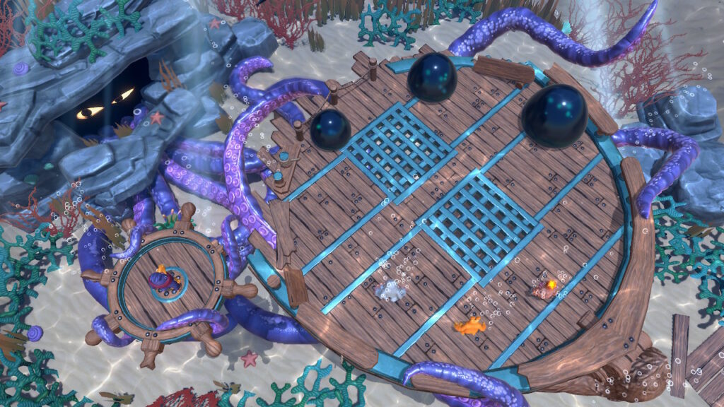 Three monsters standing atop a boat avoiding slime balls