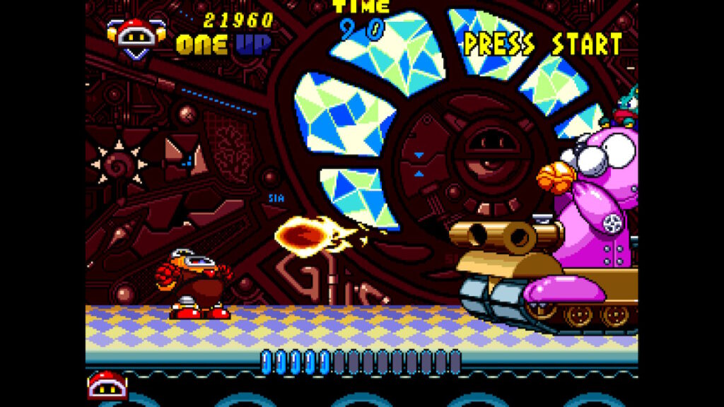 Gush fighting a boss in a tank shooting fire balls