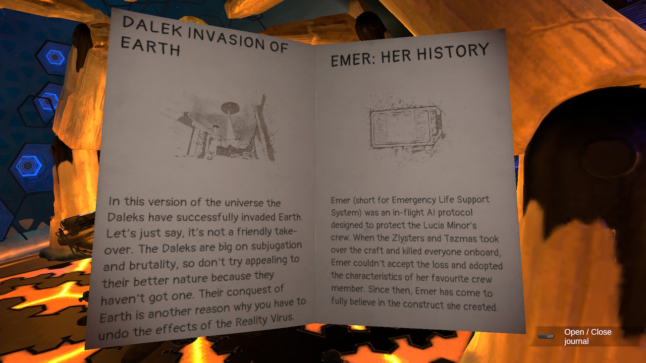An open book descriving the Dalek invasion of Earth and the history of EMER, your helpful AI.