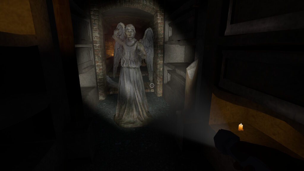 Shining a flashlight on a frozen Weeping Angel.