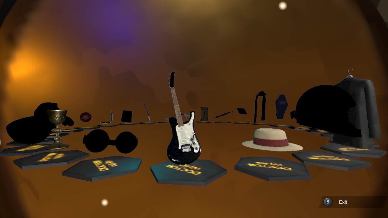 Items are positioned in a circle, including a straw boater and a black electric guitar.