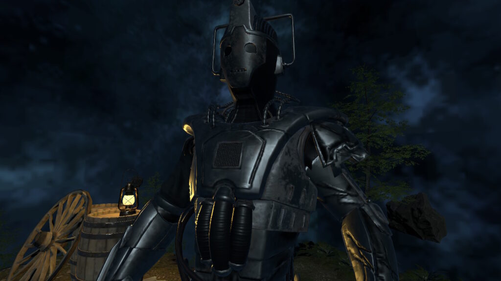 The Cyber Reaper stands against a night sky with a lit lantern on a wooden barrel in the background.