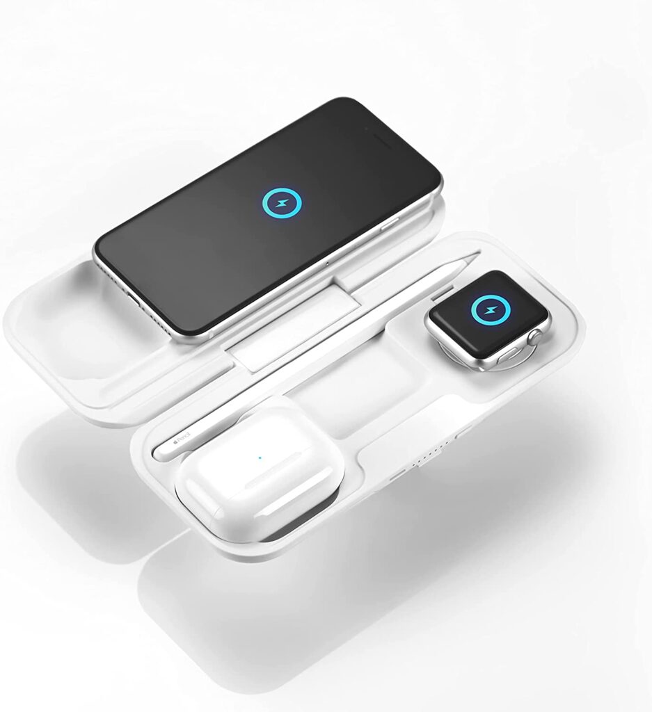 A look at an iphone, apple watch and apple pencil inside the box.