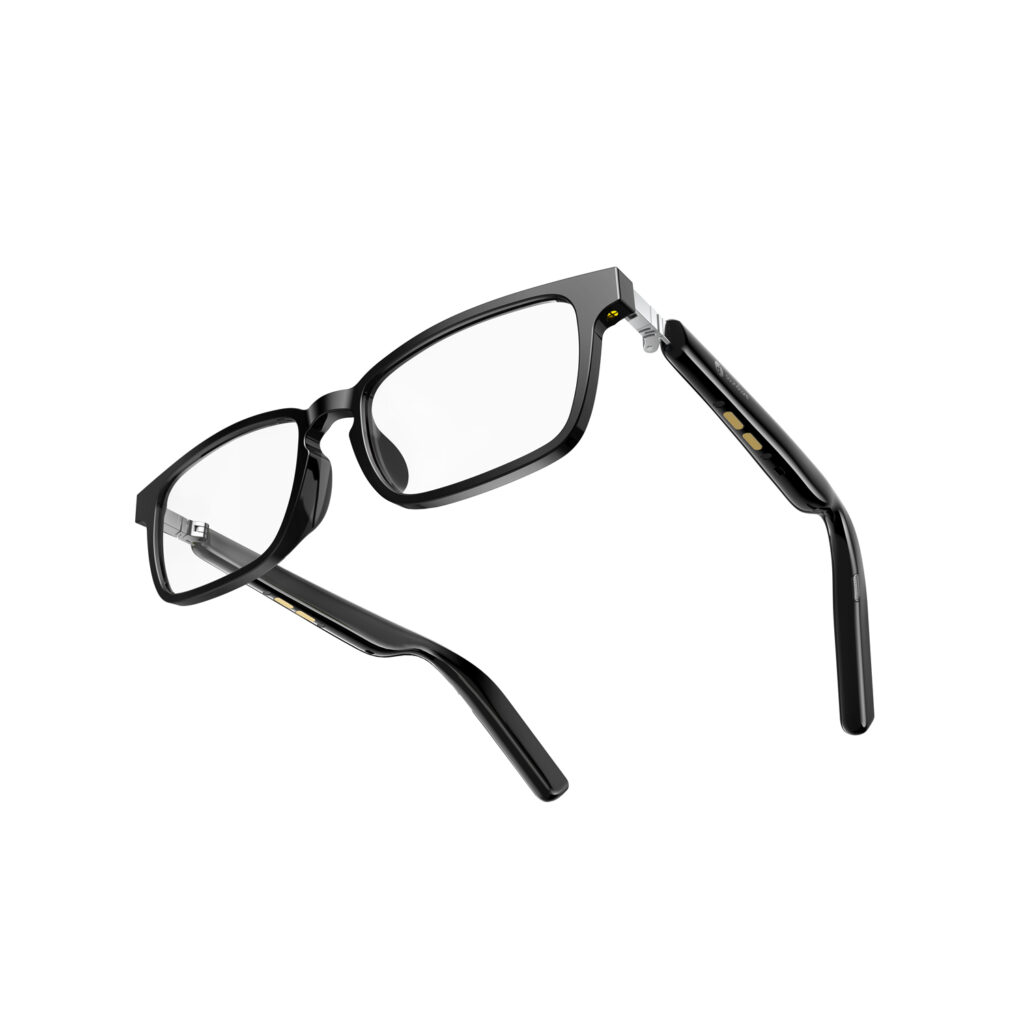 Standard looking glasses with a yellow computer chip on the stem of the side.