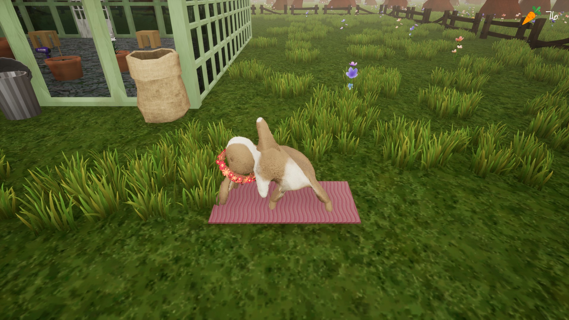 A bunny with a flower crown stretches to the side on a pink yoga mat