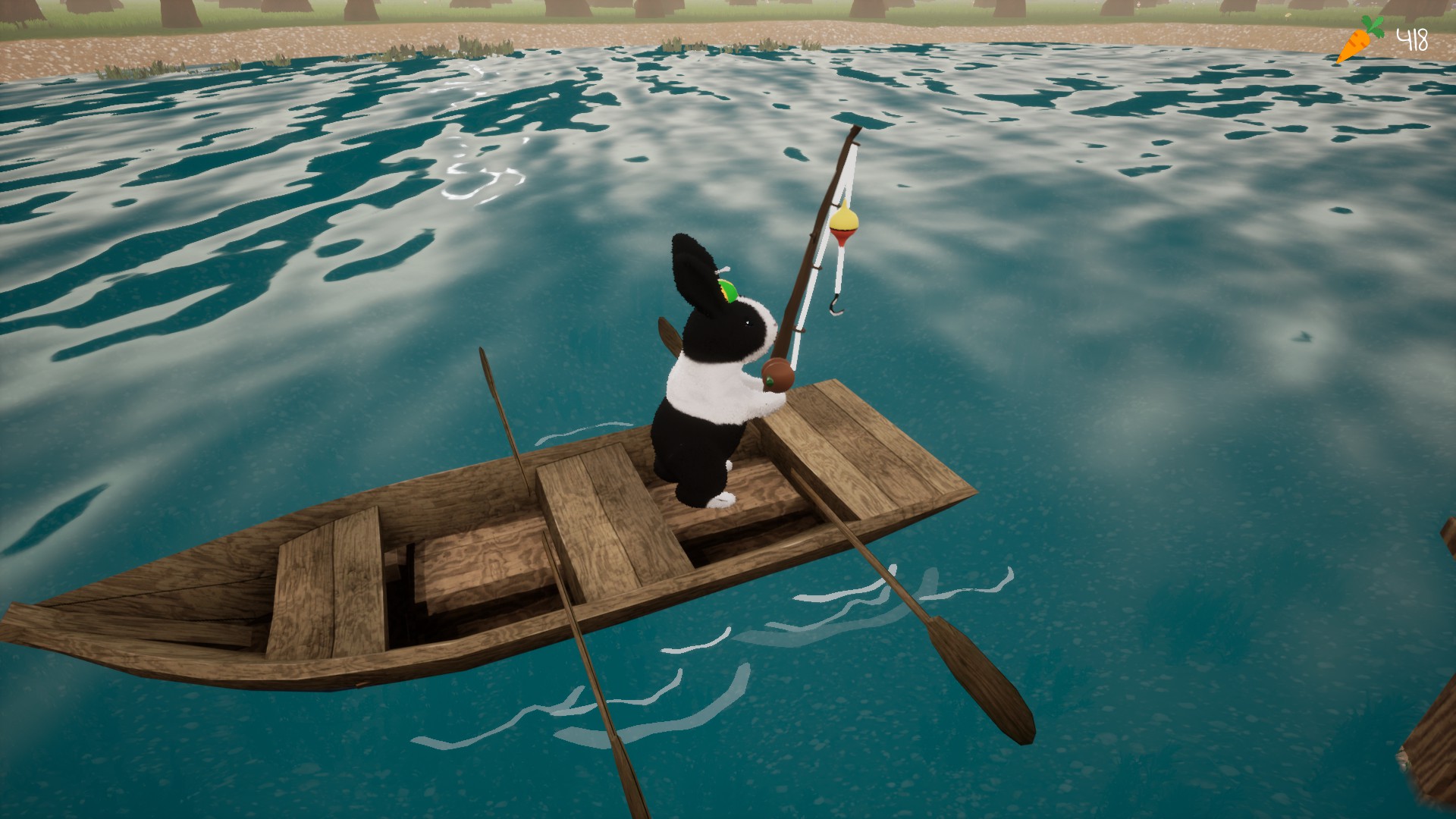 A black and white bunny stands in a rowing boat holding a fishing rod.