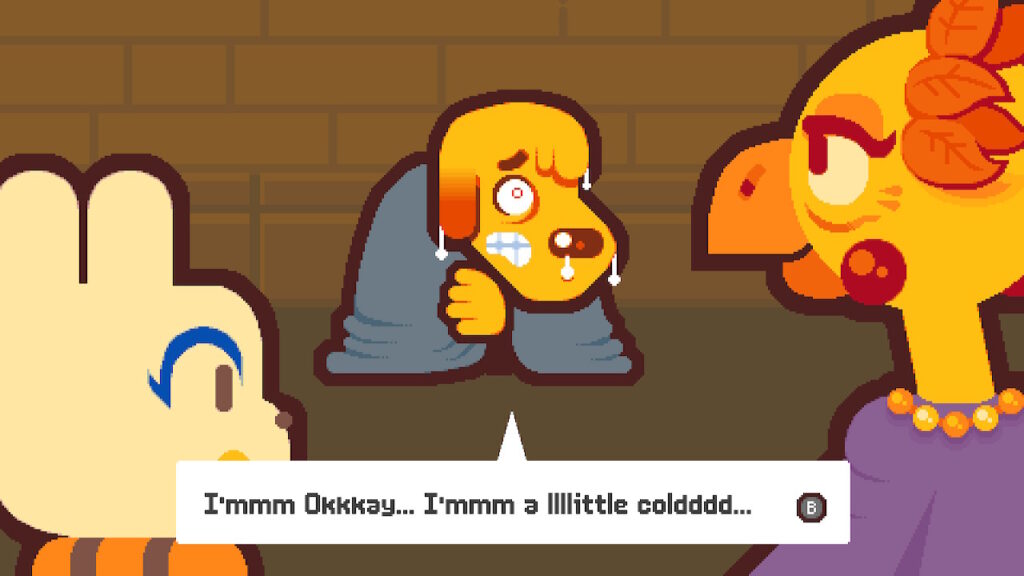 Pablo is shaking from the cold while a bunny and a bird watch him