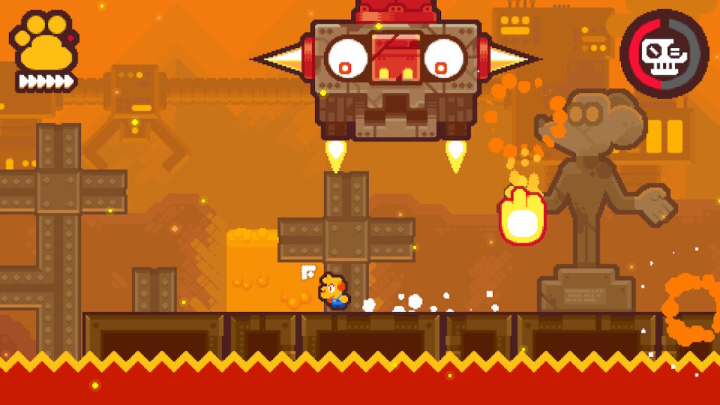 Dog is running underneath a massive robot head shooting fire at him