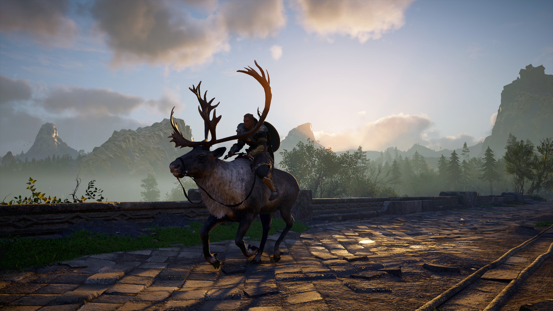 Havi riding an elk across a bridge.