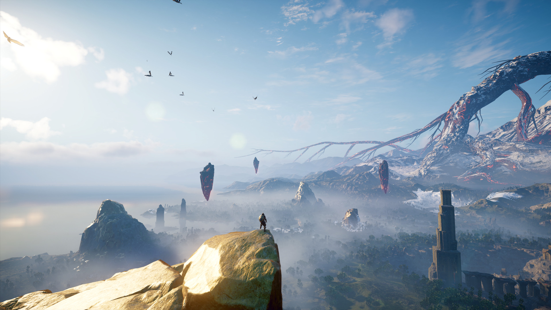 The view from a synchronisation point showing floating rocks and the roots of a giant tree.