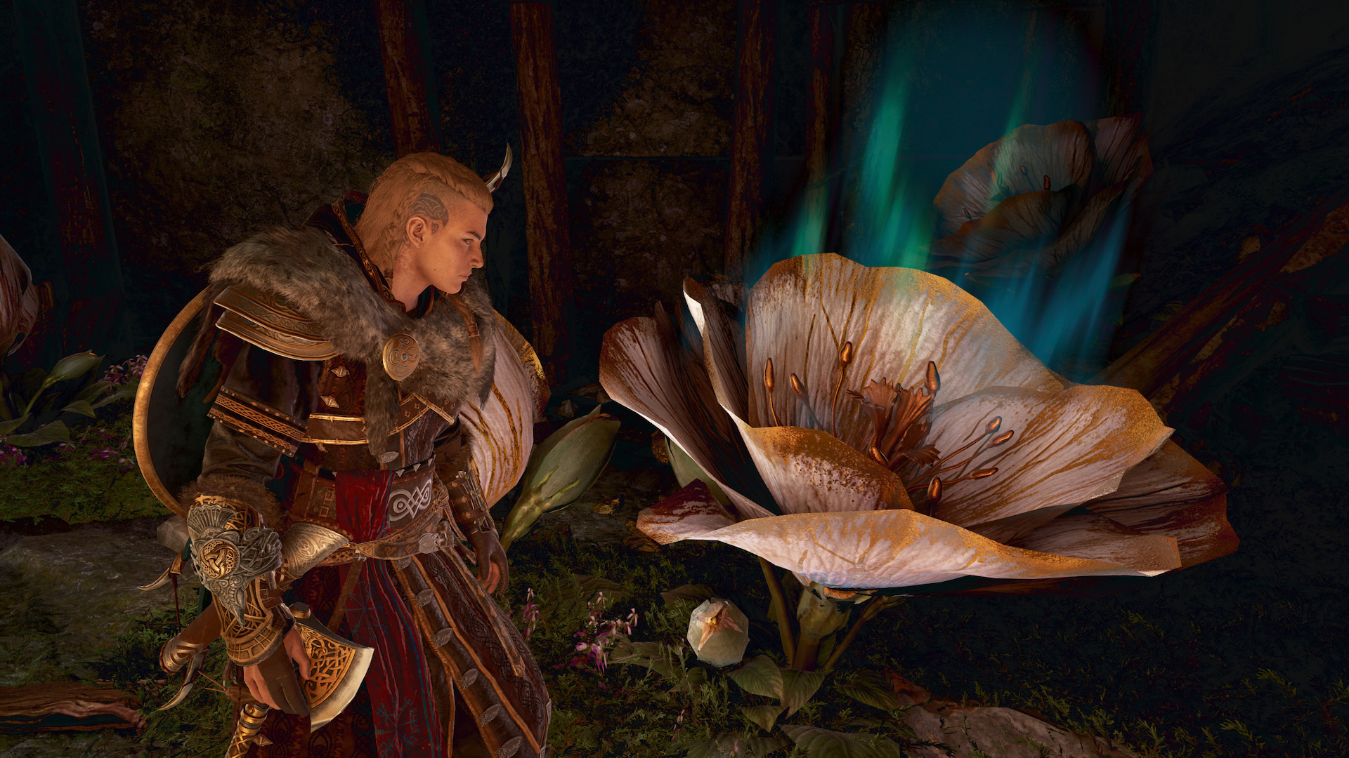 Havi stands next to giant flowers, which have a blue aura radiating from them.