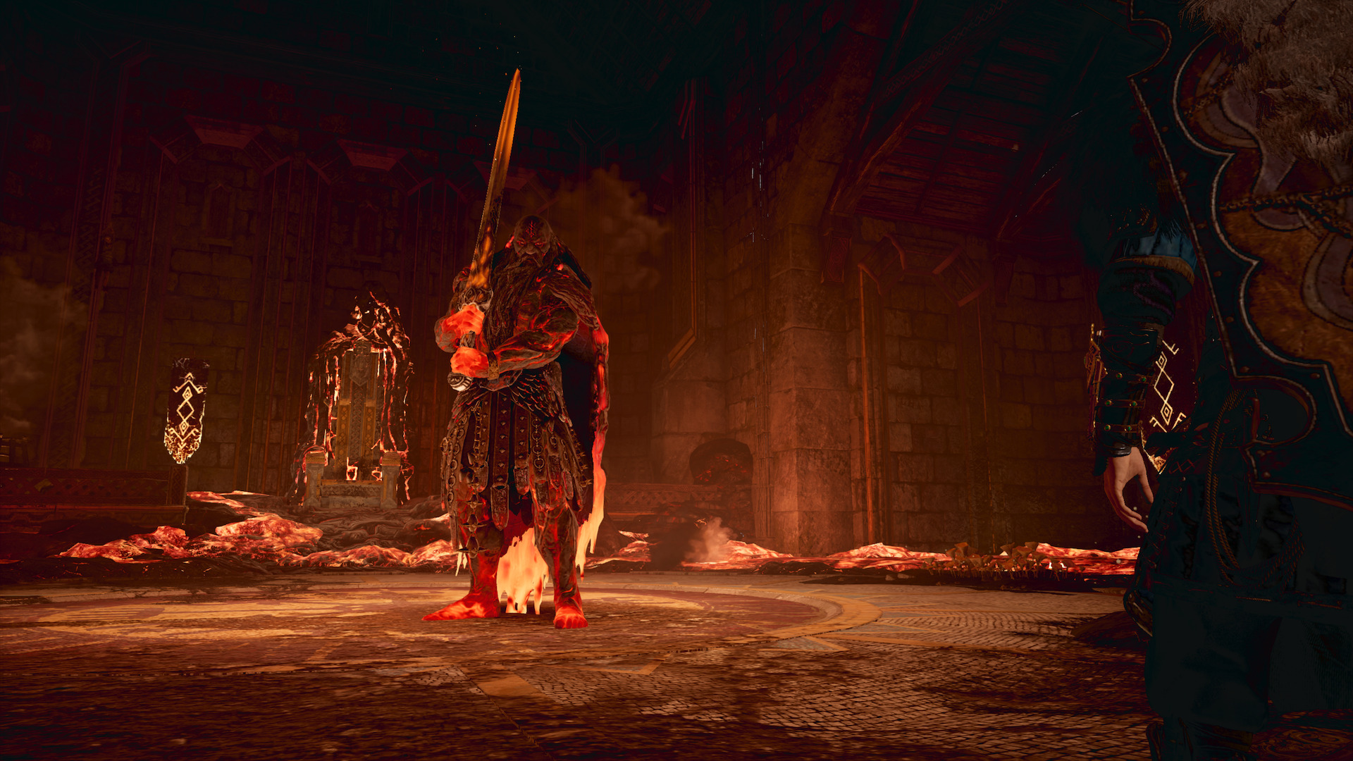 The warlord Surtr stands in his fiery throne room.