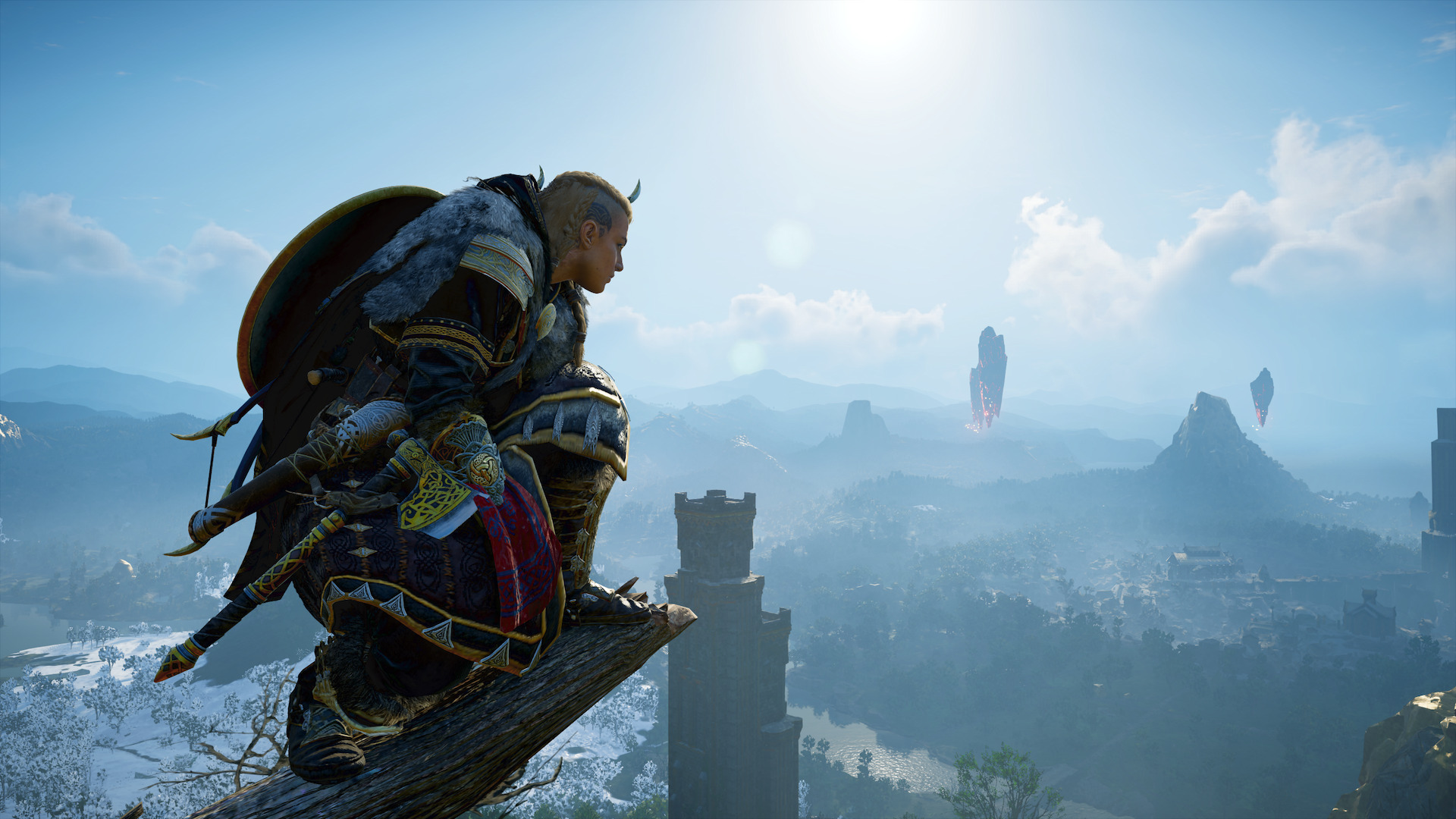 Havi crouching on top of a branch, looking over Svartalfheim.