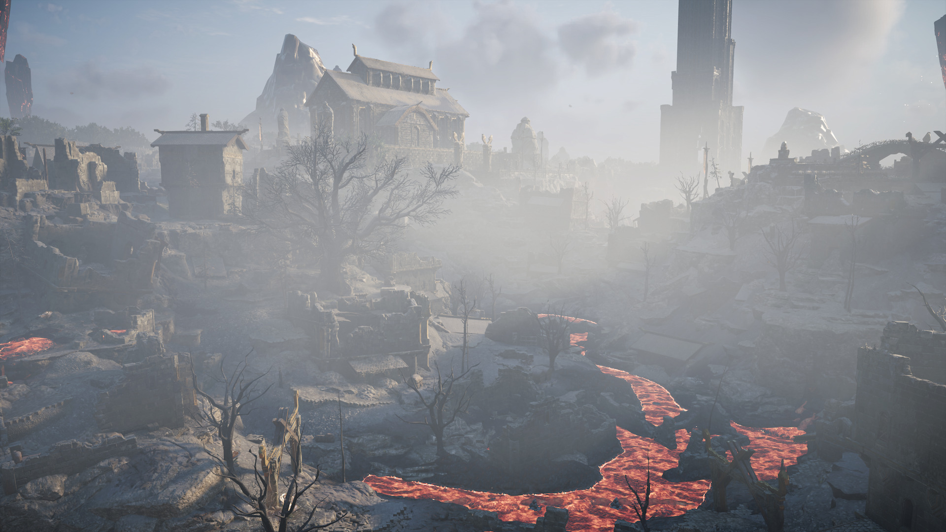 A molten river flows through a stony village.