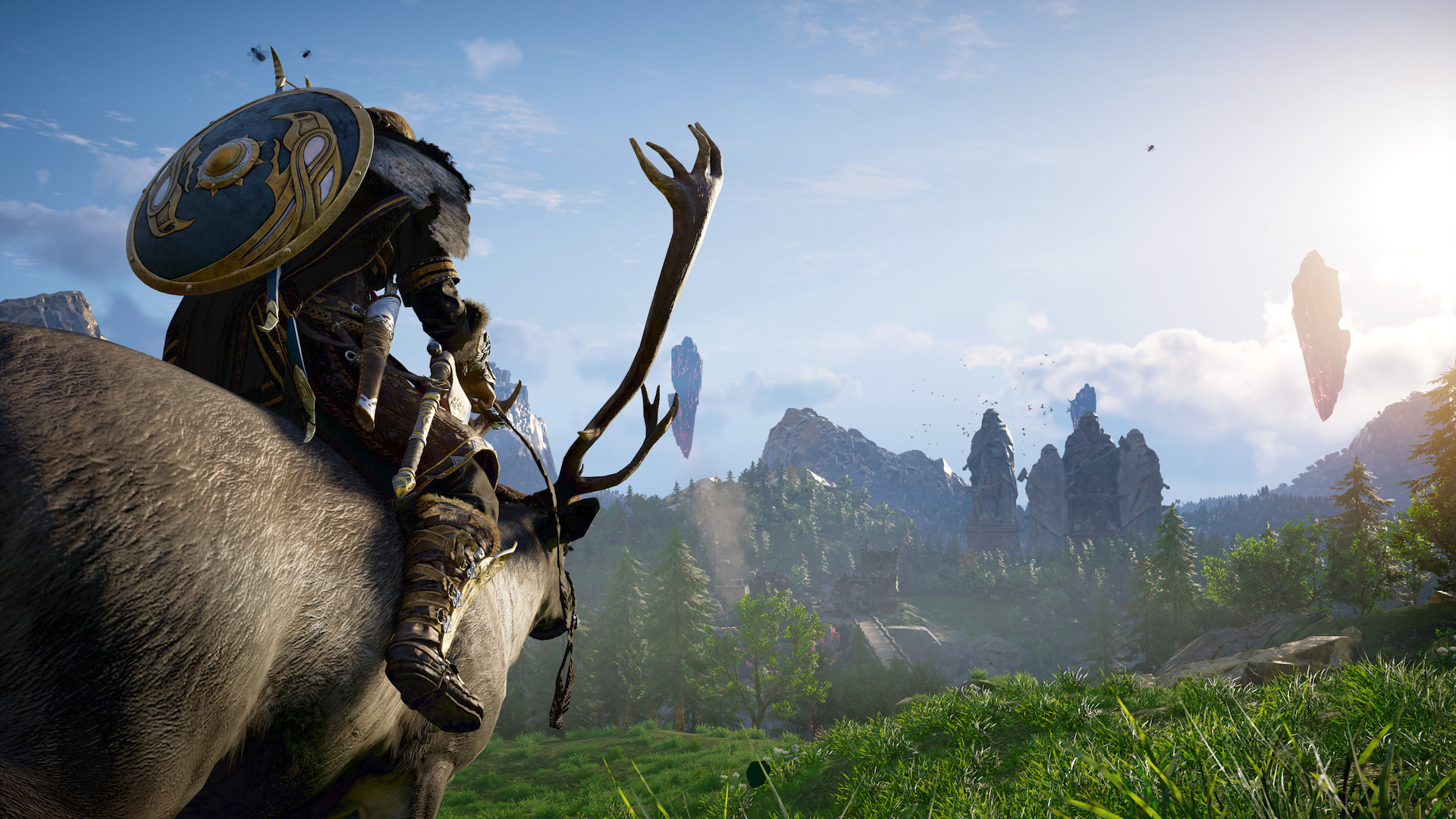 Havi riding an elk from behind, looking towards flocks of birds surroung giant dwarf statues.