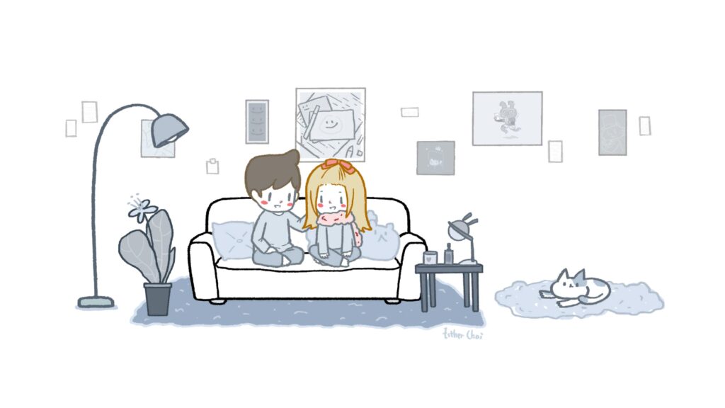 Two characters on the sofa talking