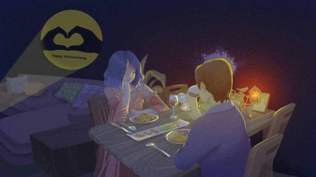 Couple enjoying an anniversary dinner in LoveChoice