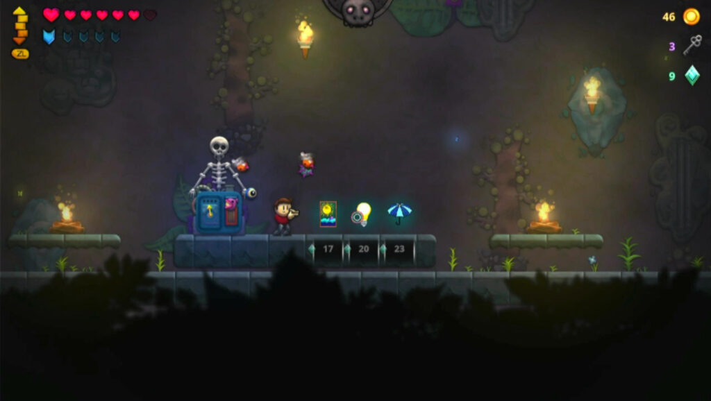 Character standing in front of a skeleton of a shopkeeper