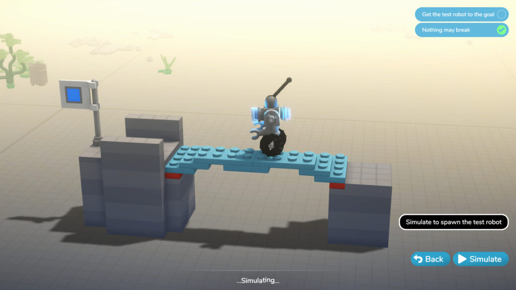 A robot crosses a bridge made out of blue LEGO pieces