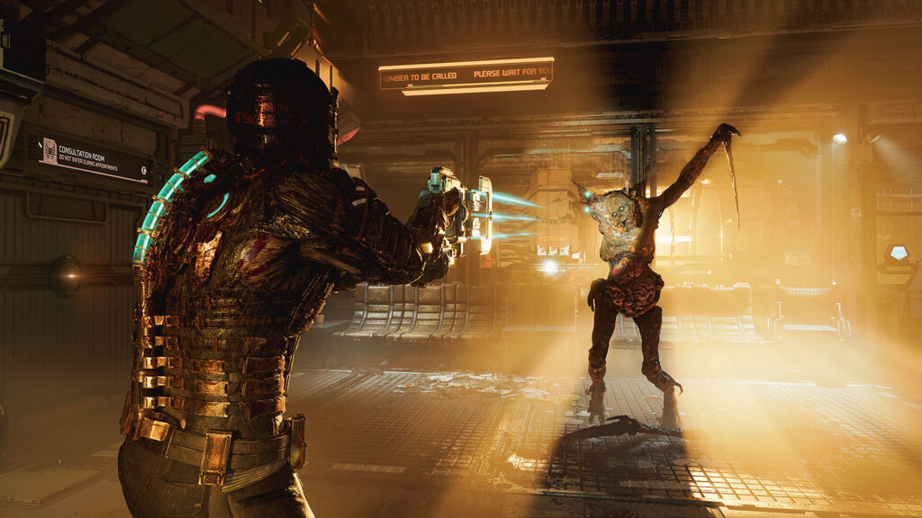 Dead Space Xbox Series X Review - Isaac aiming Plasma Cutter weapon at a Necromorph