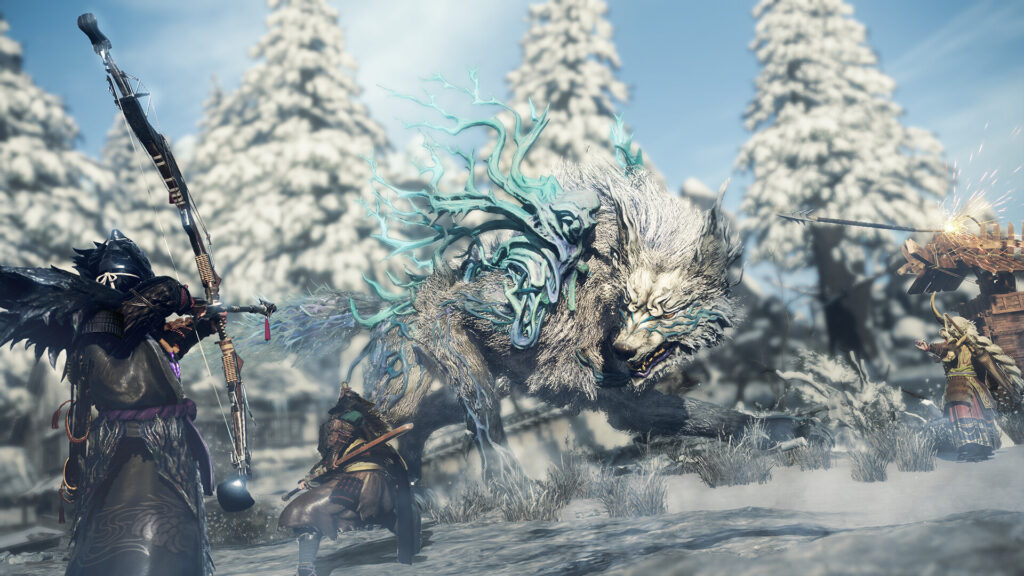 A character stands with a bow and arrow poised to shoot a snarling wolf in front of them in a snowy scene