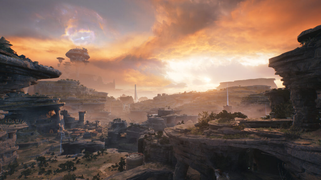 The view across Koboh, rocky with the sun setting and blue meditation points scattered around