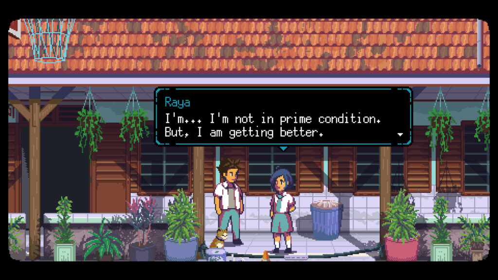 A Space for the Unbound gameplay screen showing two characters in conversation with a school building in the background.