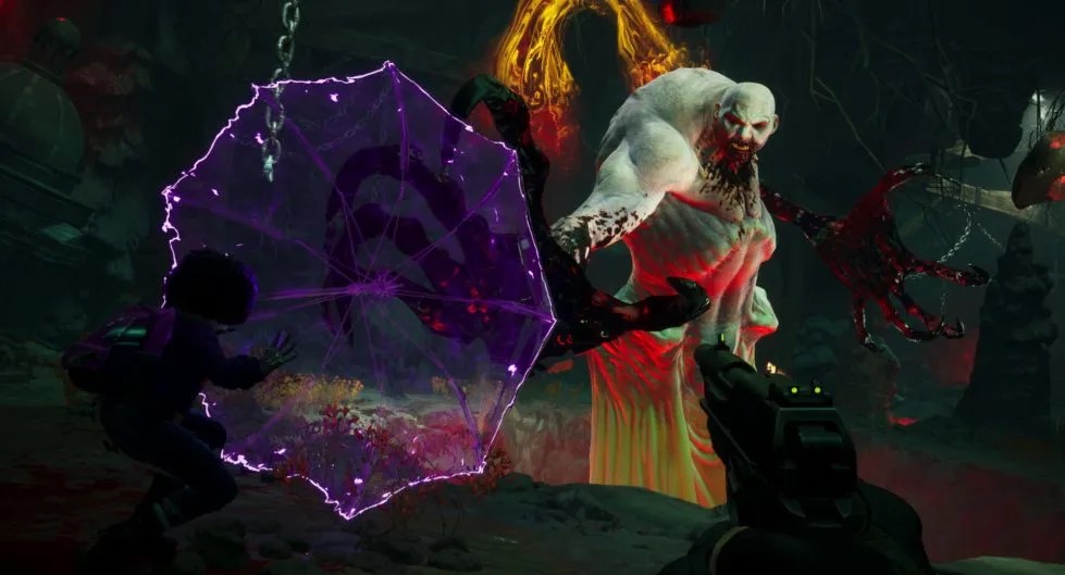 Redfall enemy sprite beyond a purple shield. 