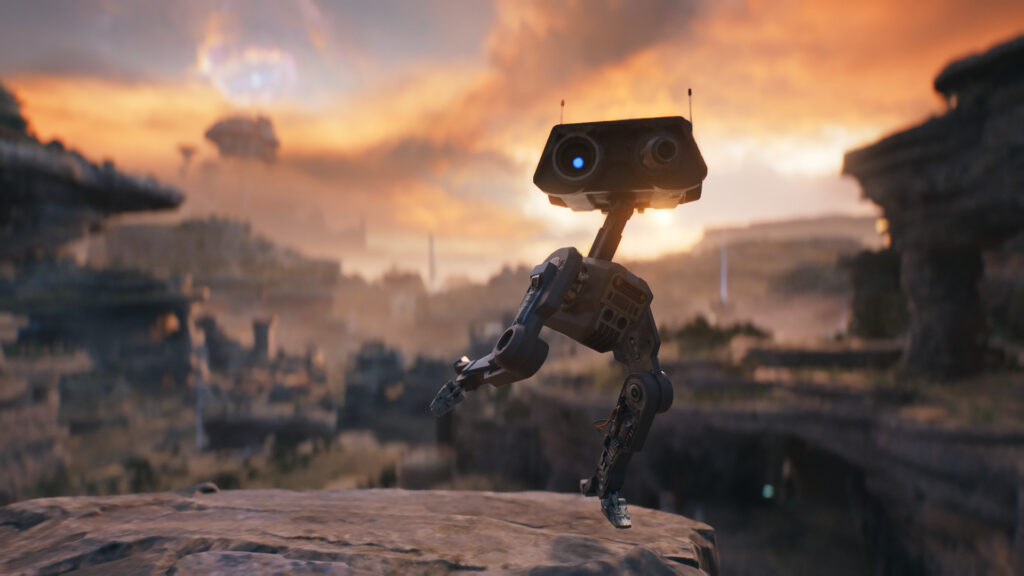 The droid BD-1 poses for the camera on top of a rock
