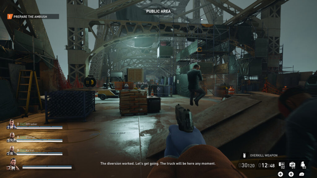 Heist action shot on a blocked bridge.