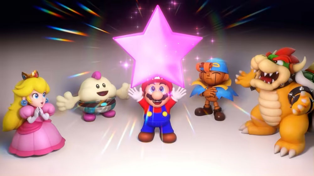 Mario, Bowser, Geno, Princess Peach and Mallow earning a star in Super Mario RPG